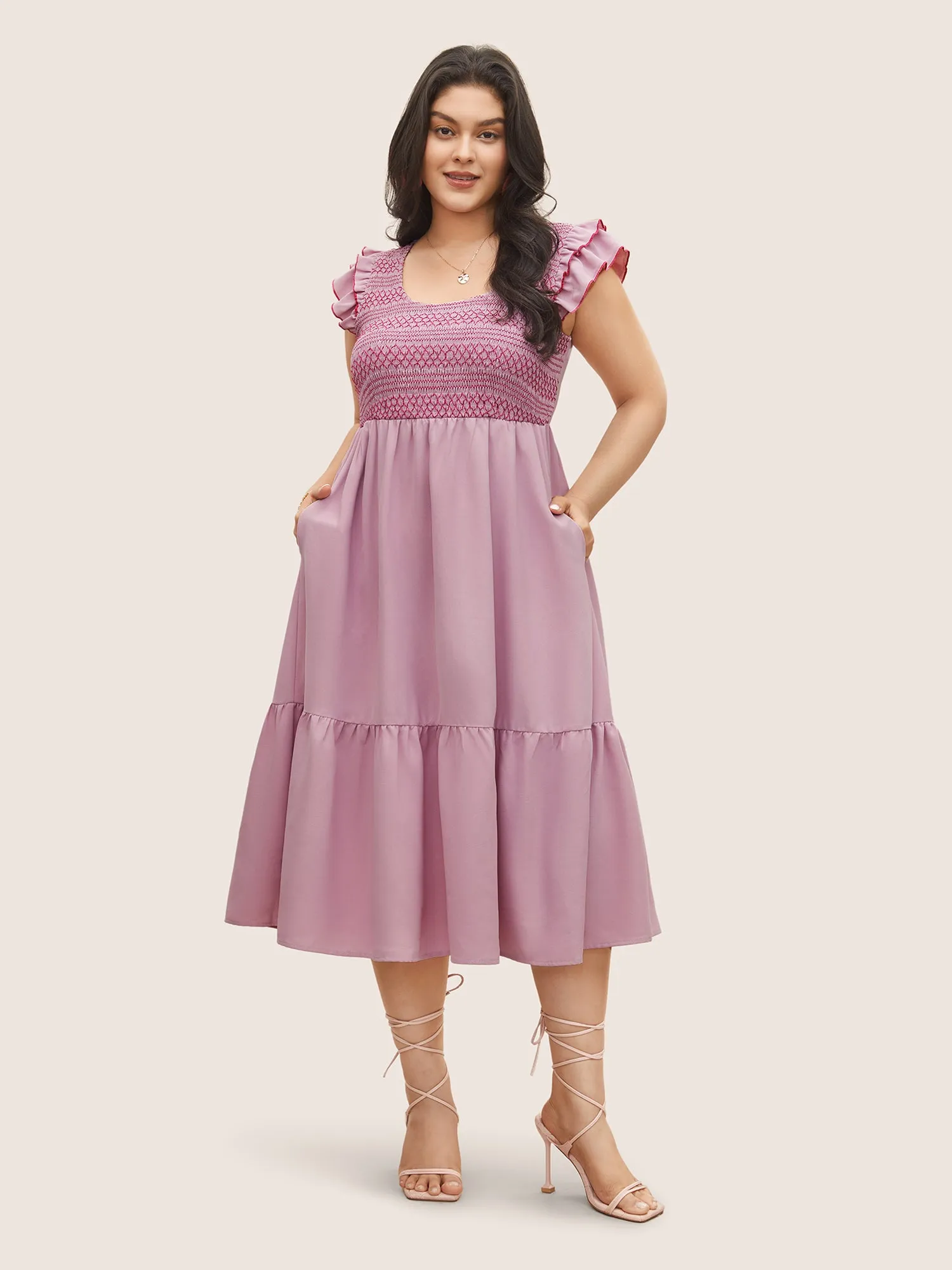 Plain Shirred Tiered Flounce Sleeve Dress sold by Bloomchic