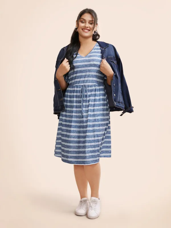 Striped Ties Pocket Roll sleeve Dress sold by Bloomchic