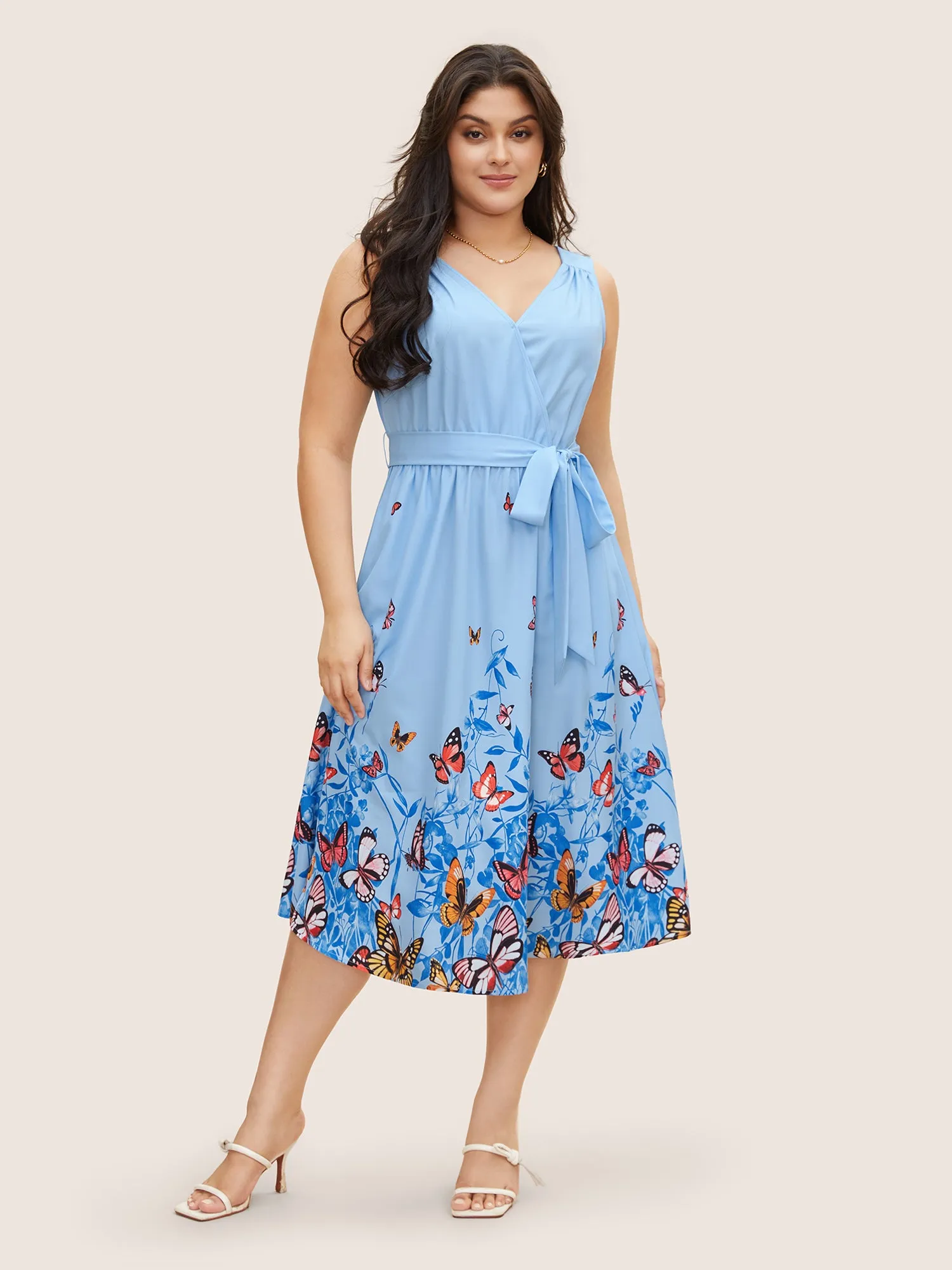 Butterfly Print Wrap Gathered Tank Dress sold by Bloomchic