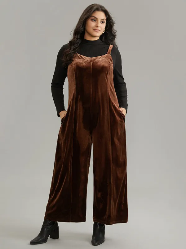 Plain Velvet Spaghetti Strap Pocket Jumpsuit sold by Bloomchic