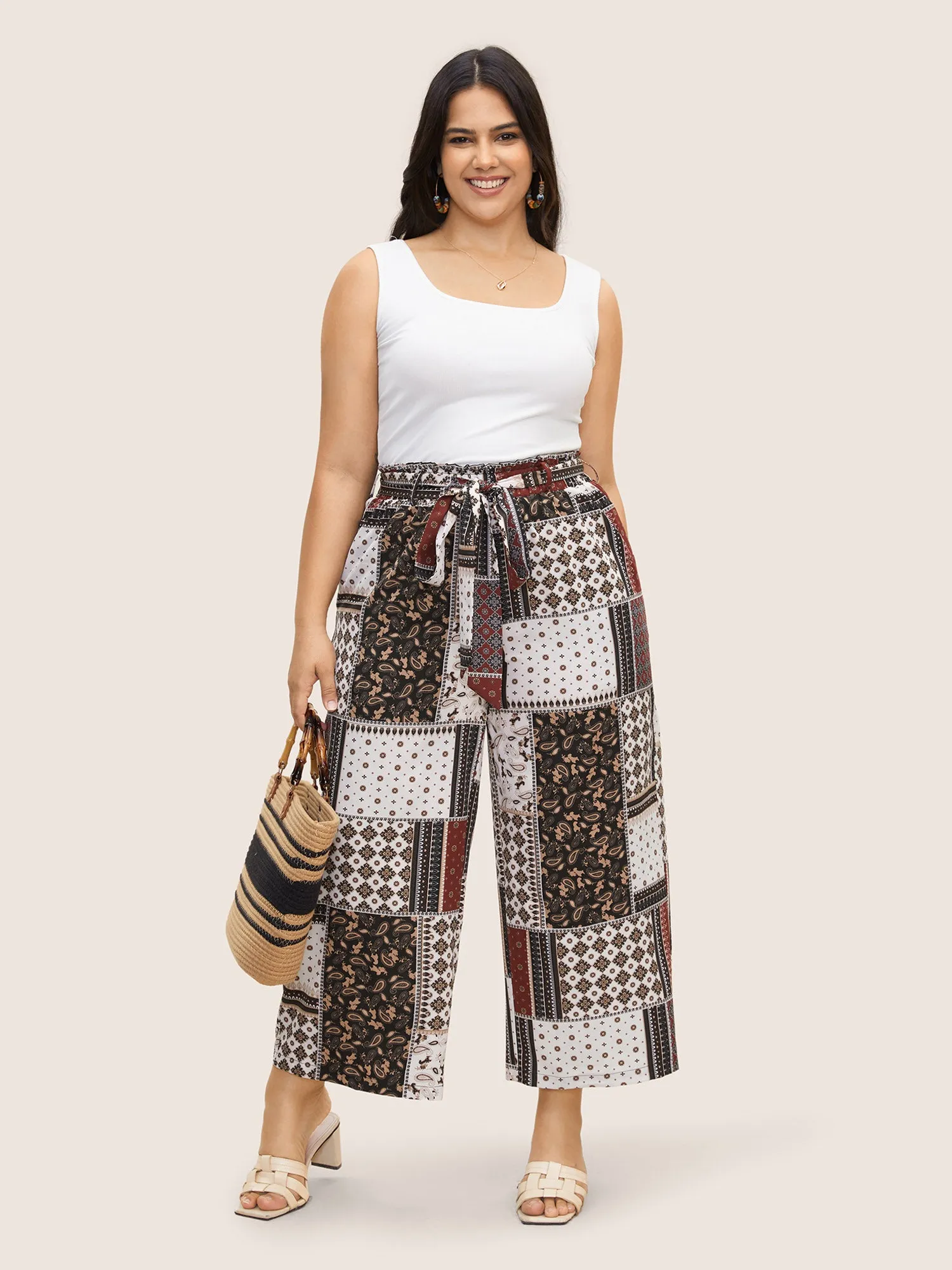 Patchwork Floral Belted Wide Leg Pants sold by Bloomchic product image thumbnail 3