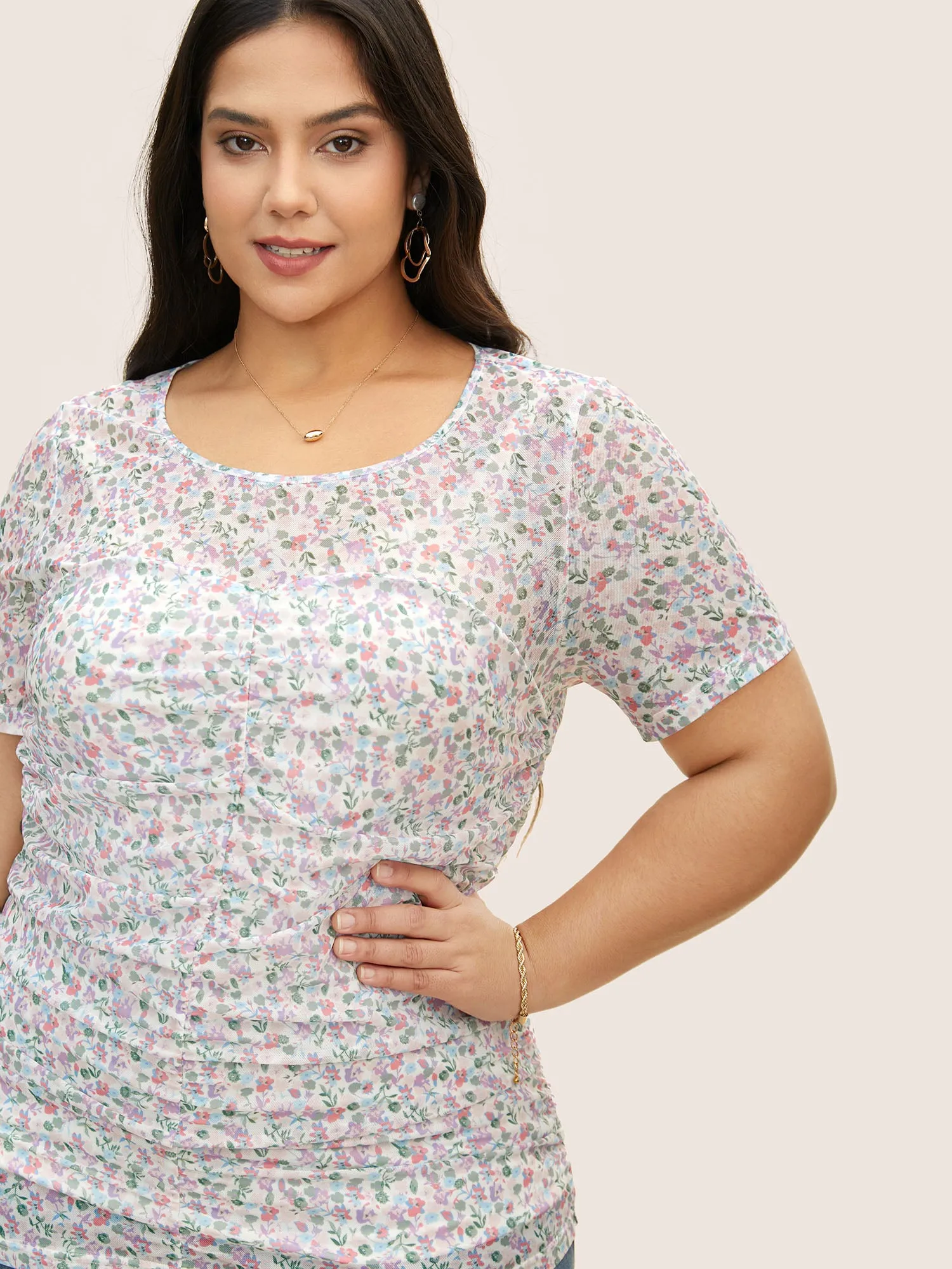Round Neck Floral Mesh Ruched T-shirt sold by Bloomchic product image thumbnail 4