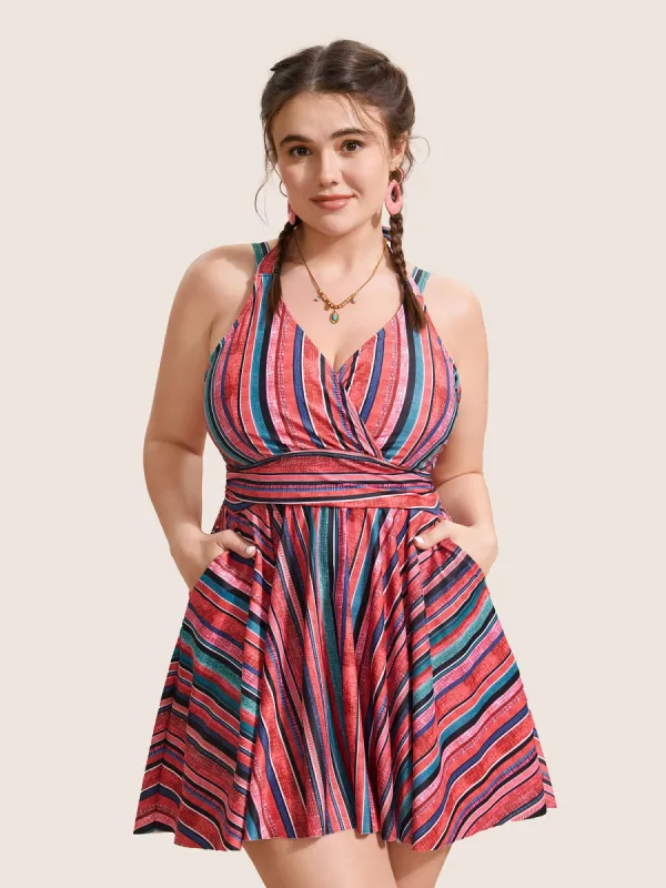 Colored Striped Overlap Collar Pocket Swim Dress sold by Bloomchic