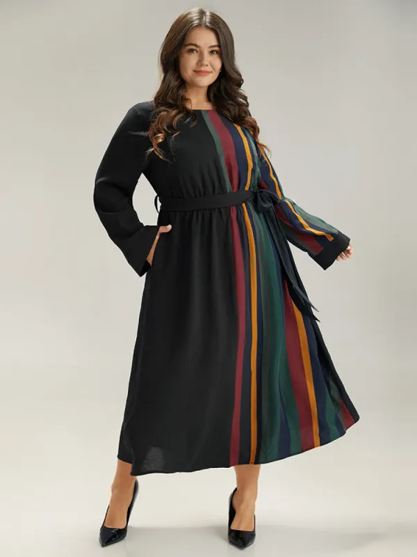 Striped Pocket Patchwork Belted Elastic Waist Dress sold by Bloomchic
