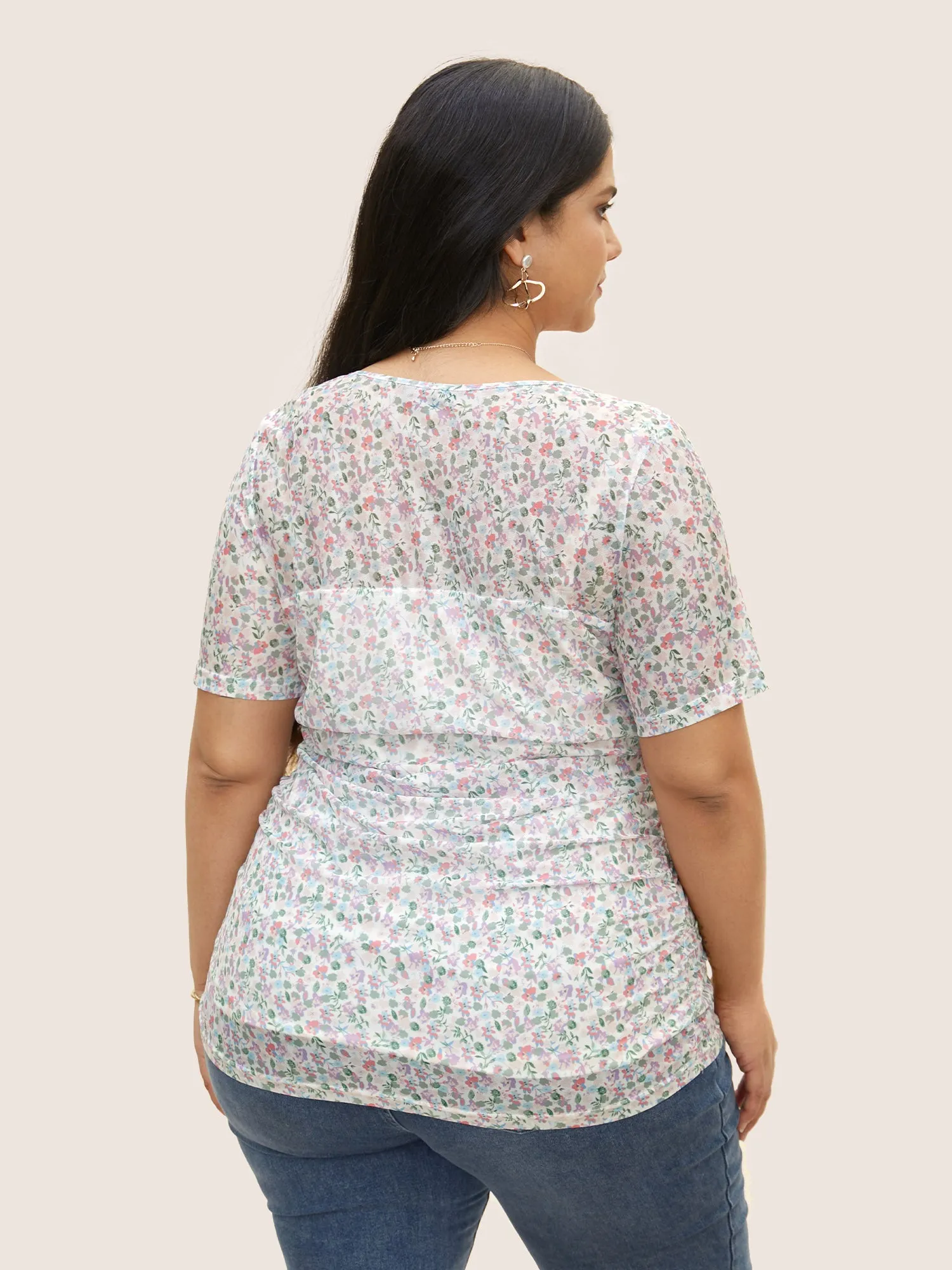 Round Neck Floral Mesh Ruched T-shirt sold by Bloomchic product image thumbnail 3