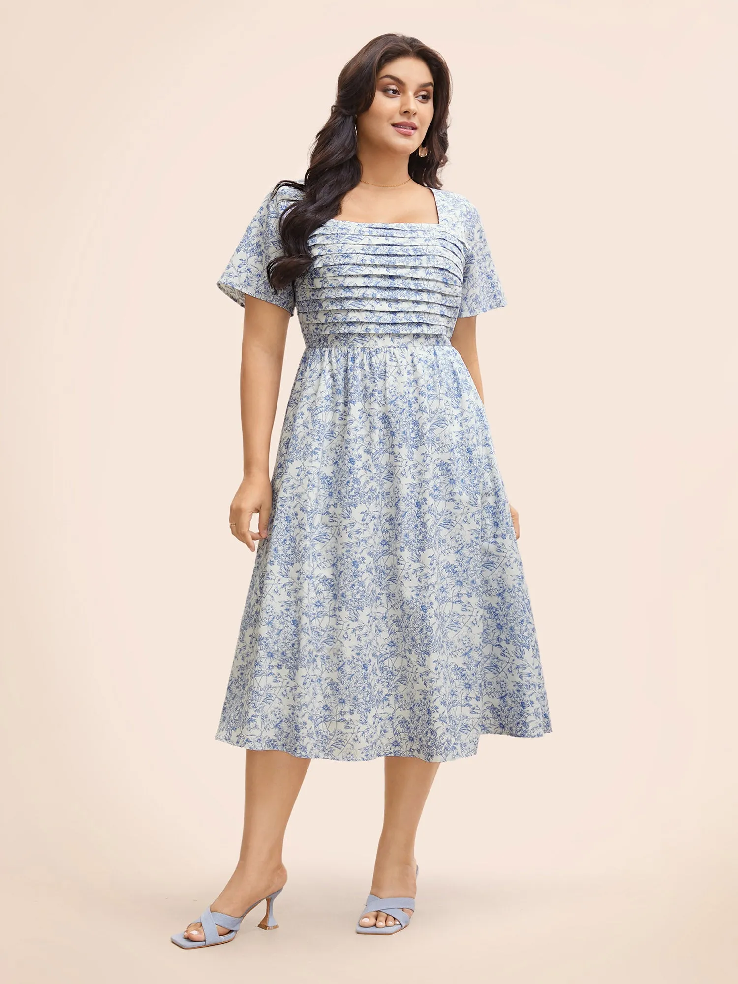 Square Neck Floral Tucked Seam Dress sold by Bloomchic