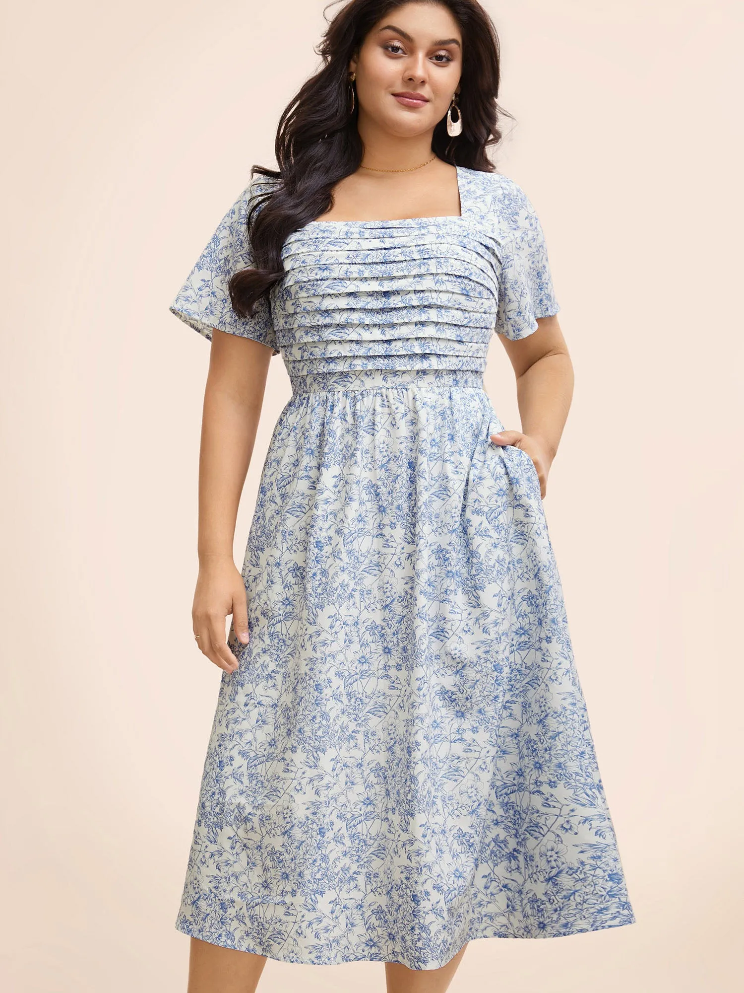 Square Neck Floral Tucked Seam Dress sold by Bloomchic product image thumbnail 3