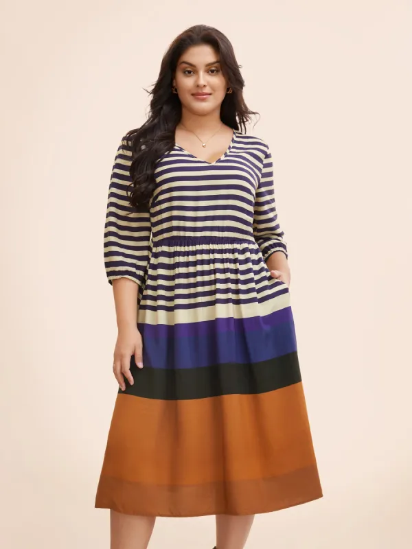 Striped Patchwork Contrast Gathered Midi Dress sold by Bloomchic