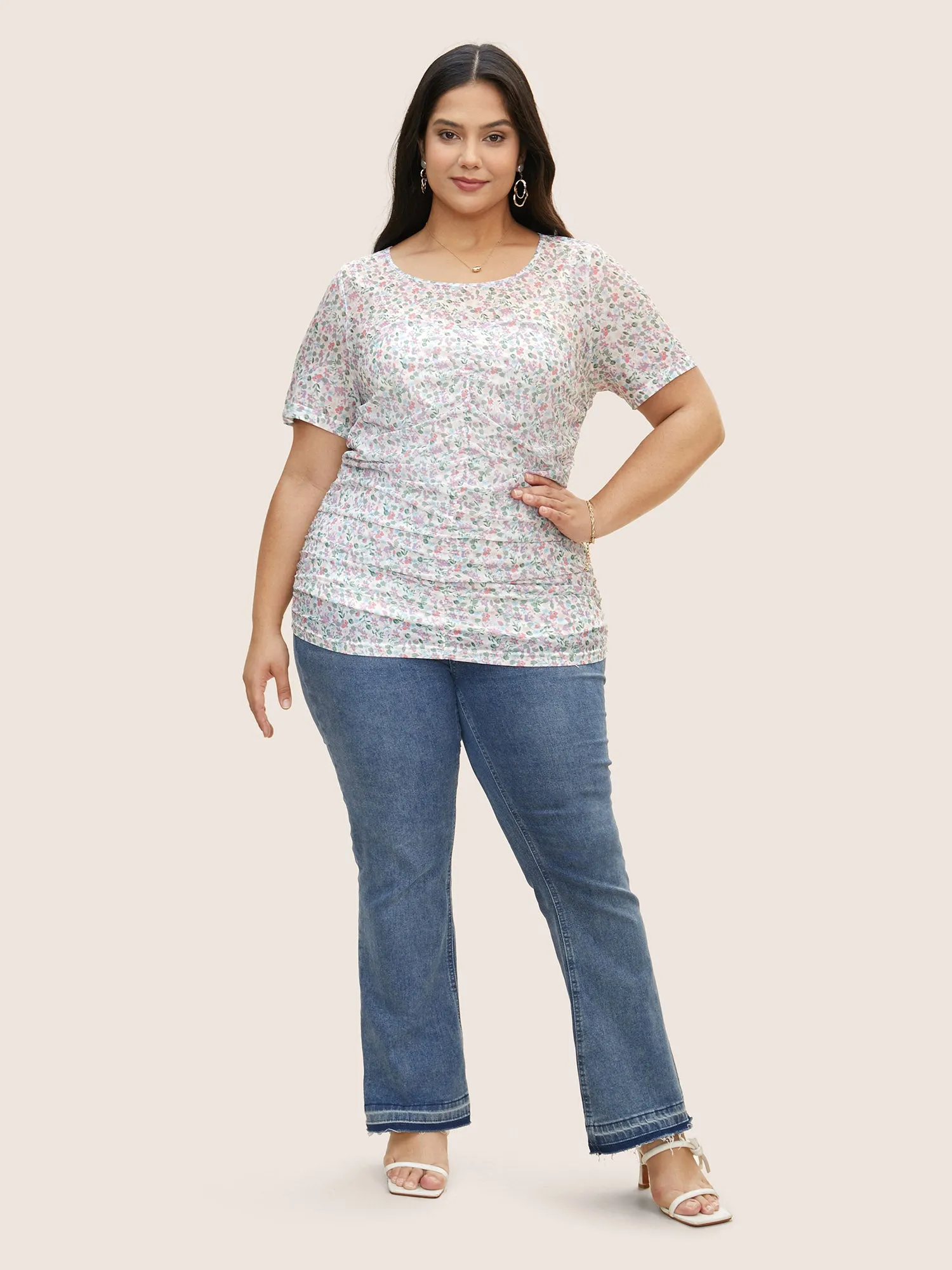 Round Neck Floral Mesh Ruched T-shirt sold by Bloomchic product image thumbnail 2