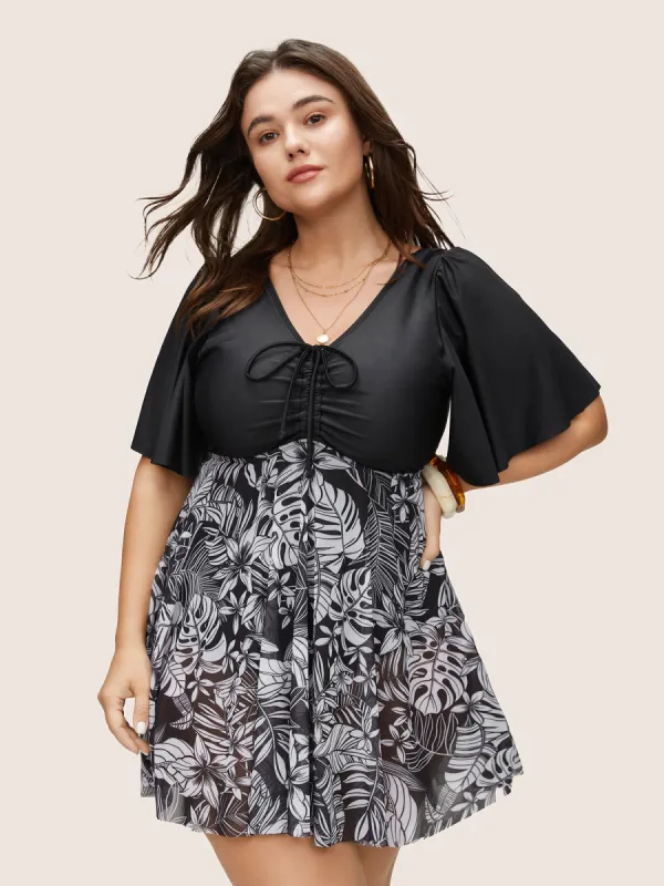 Tropical Print Flutter Sleeve Drawstring Swim Dress sold by Bloomchic