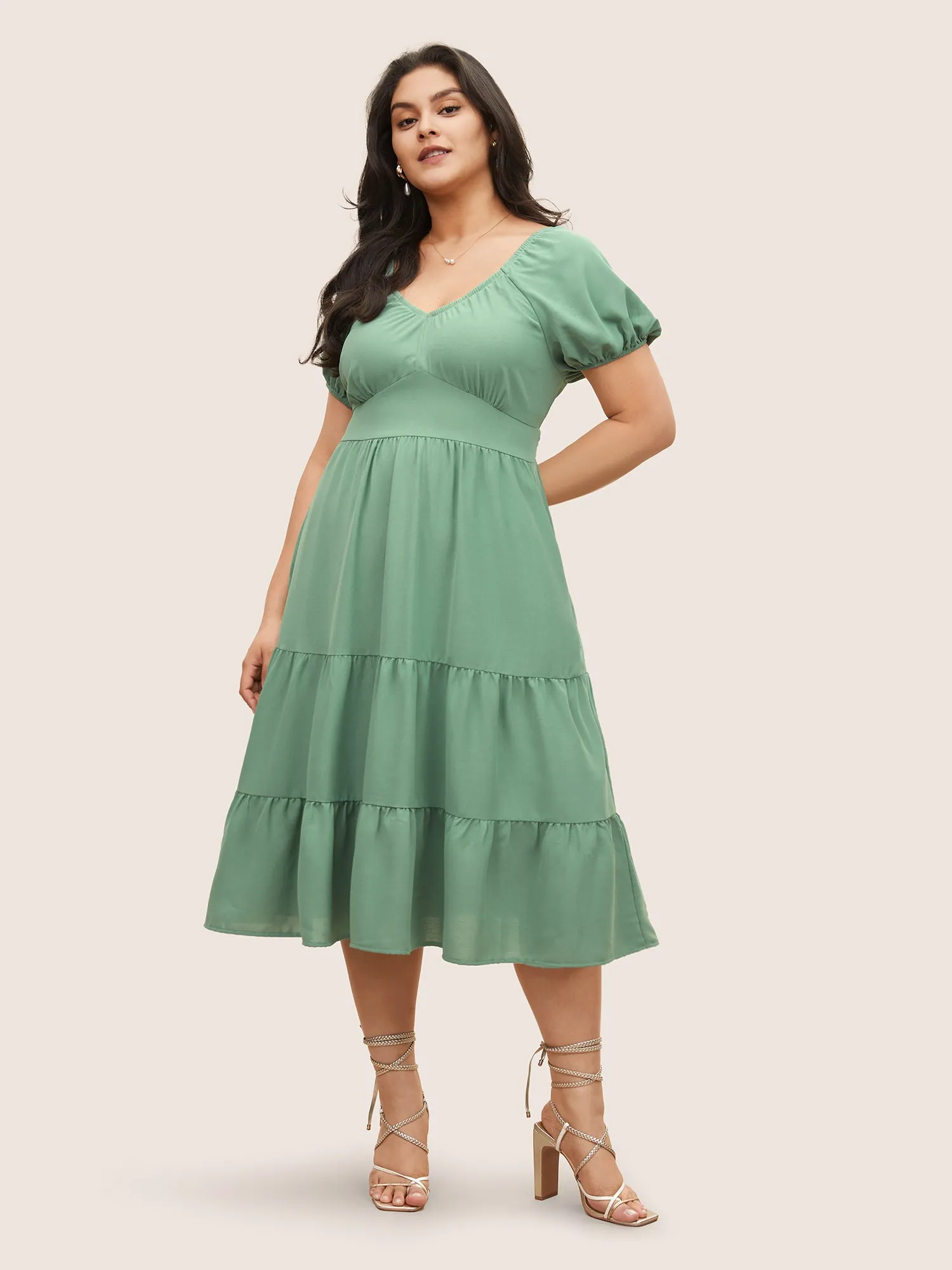 Solid Gathered Lantern Sleeve Ruffle Layered Hem Dress sold by Bloomchic product image thumbnail 2