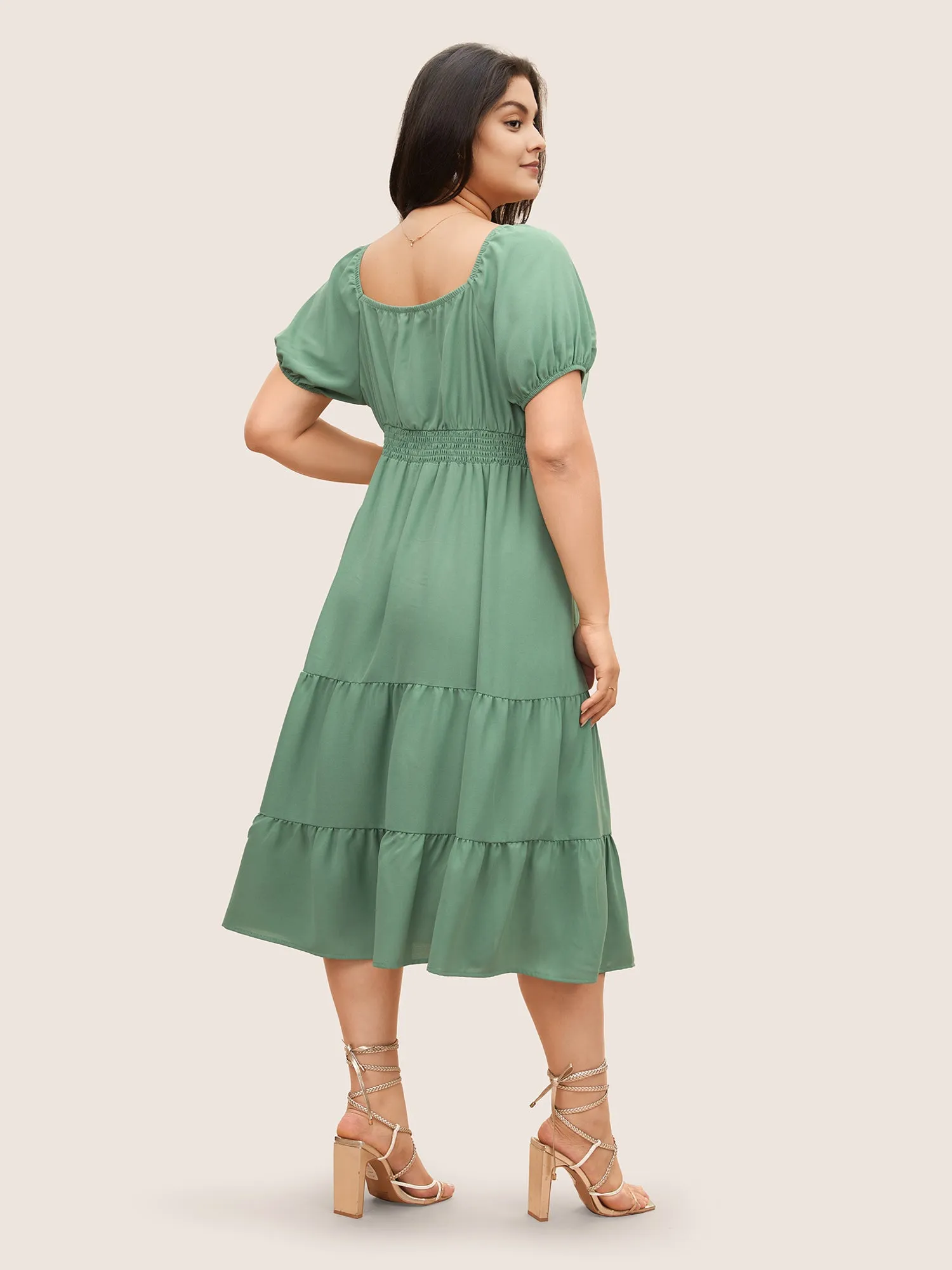 Solid Gathered Lantern Sleeve Ruffle Layered Hem Dress sold by Bloomchic product image thumbnail 3