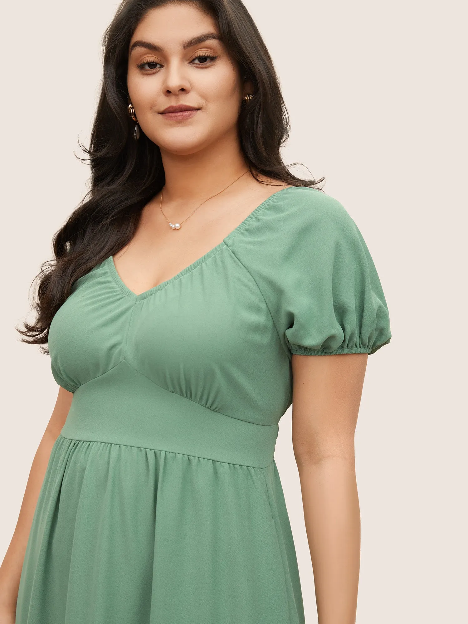 Solid Gathered Lantern Sleeve Ruffle Layered Hem Dress sold by Bloomchic product image thumbnail 4