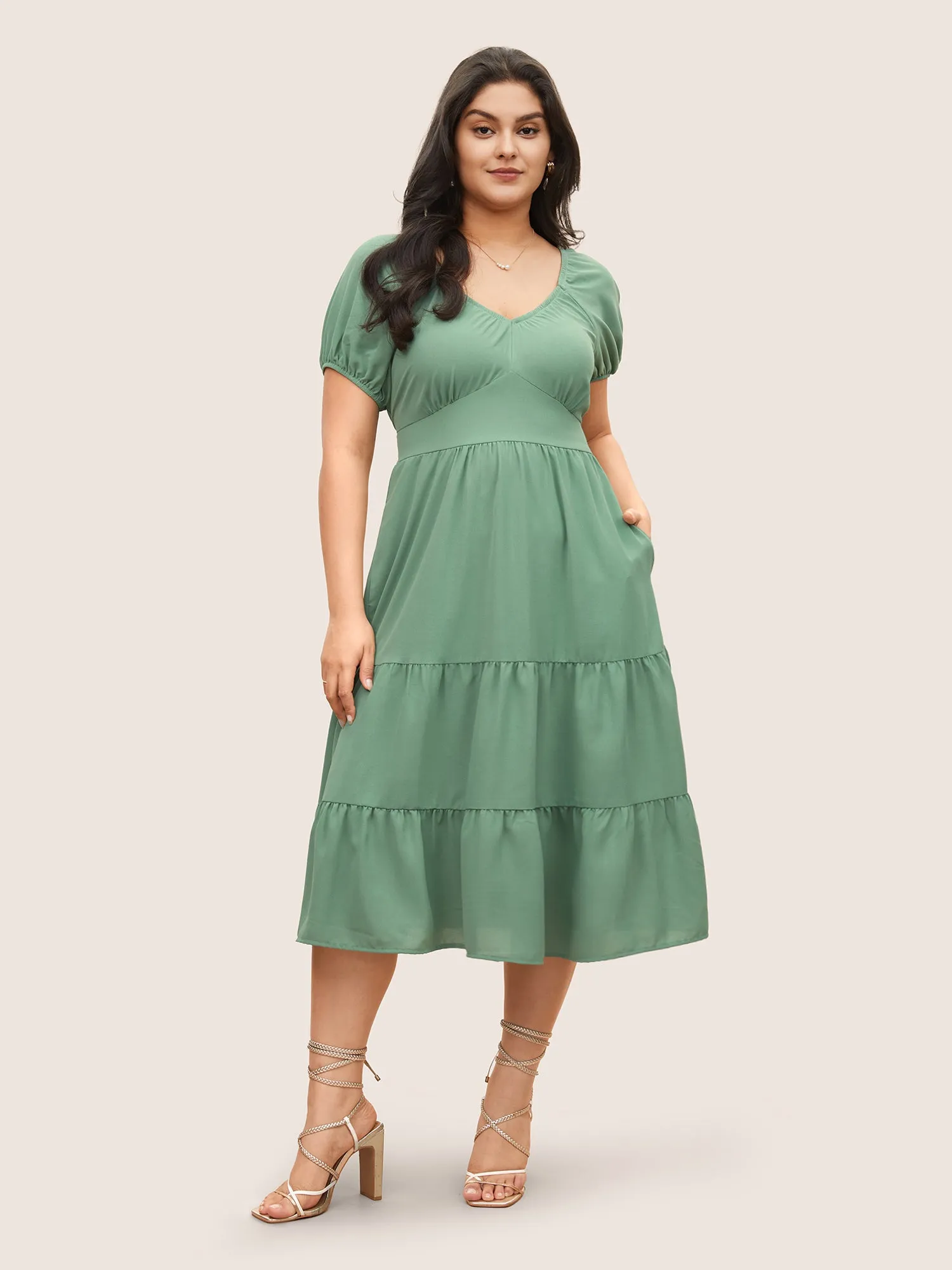 Solid Gathered Lantern Sleeve Ruffle Layered Hem Dress sold by Bloomchic