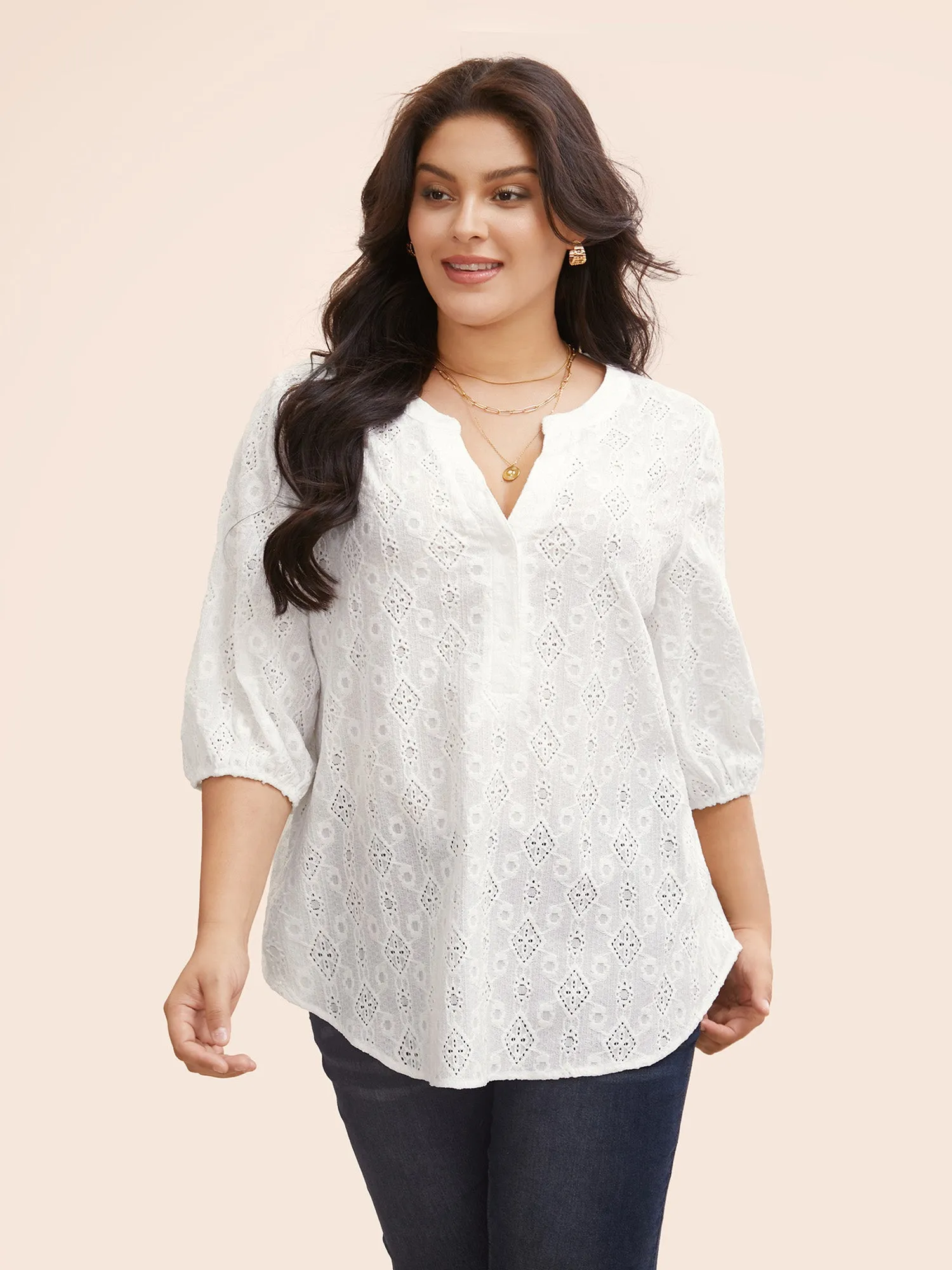 Geometric Texture Lantern Sleeve Stretch Blouse sold by Bloomchic