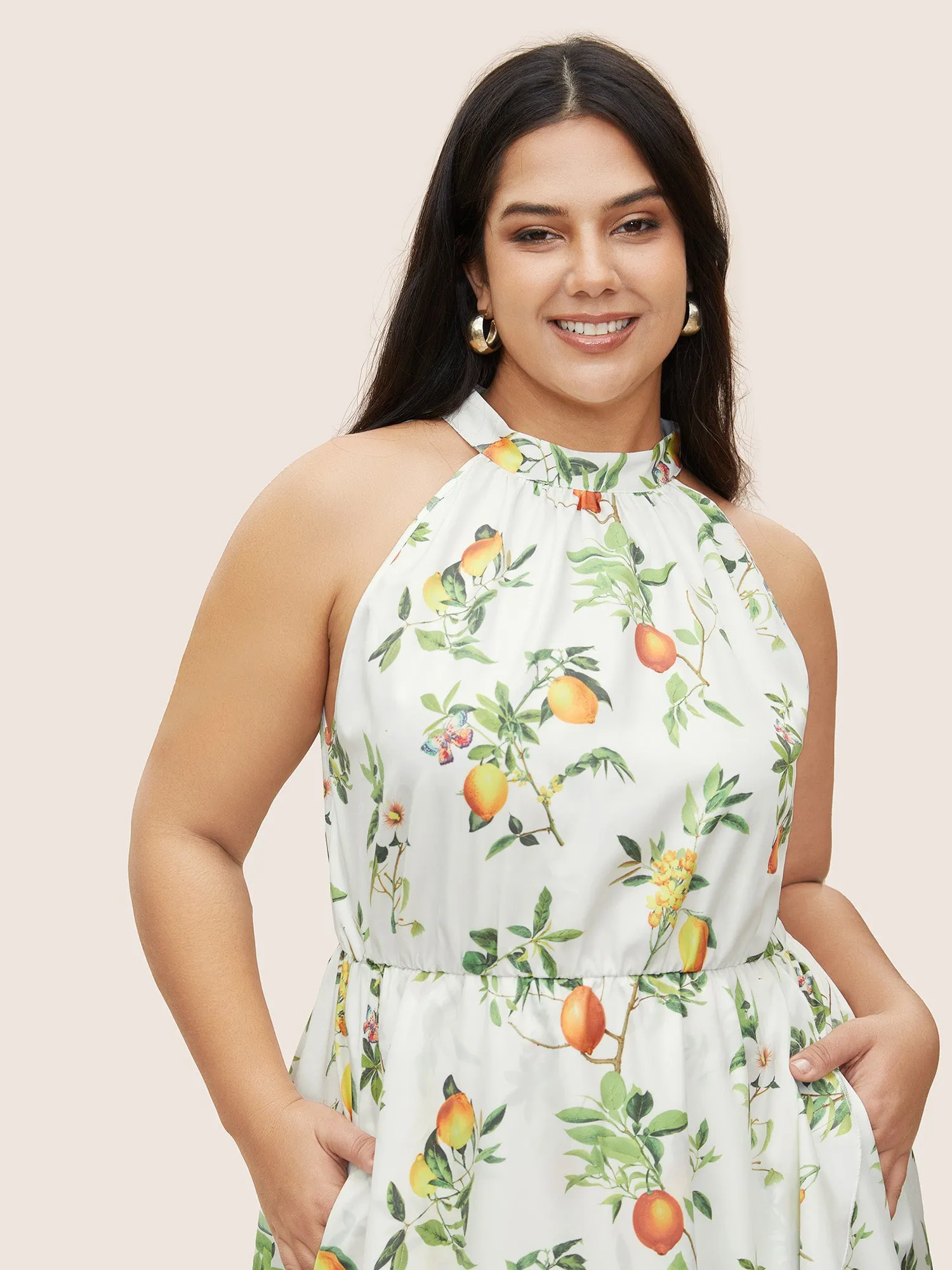 Citrus Lemon Print Elastic Waist Halter Neck Dress sold by Bloomchic product image thumbnail 3