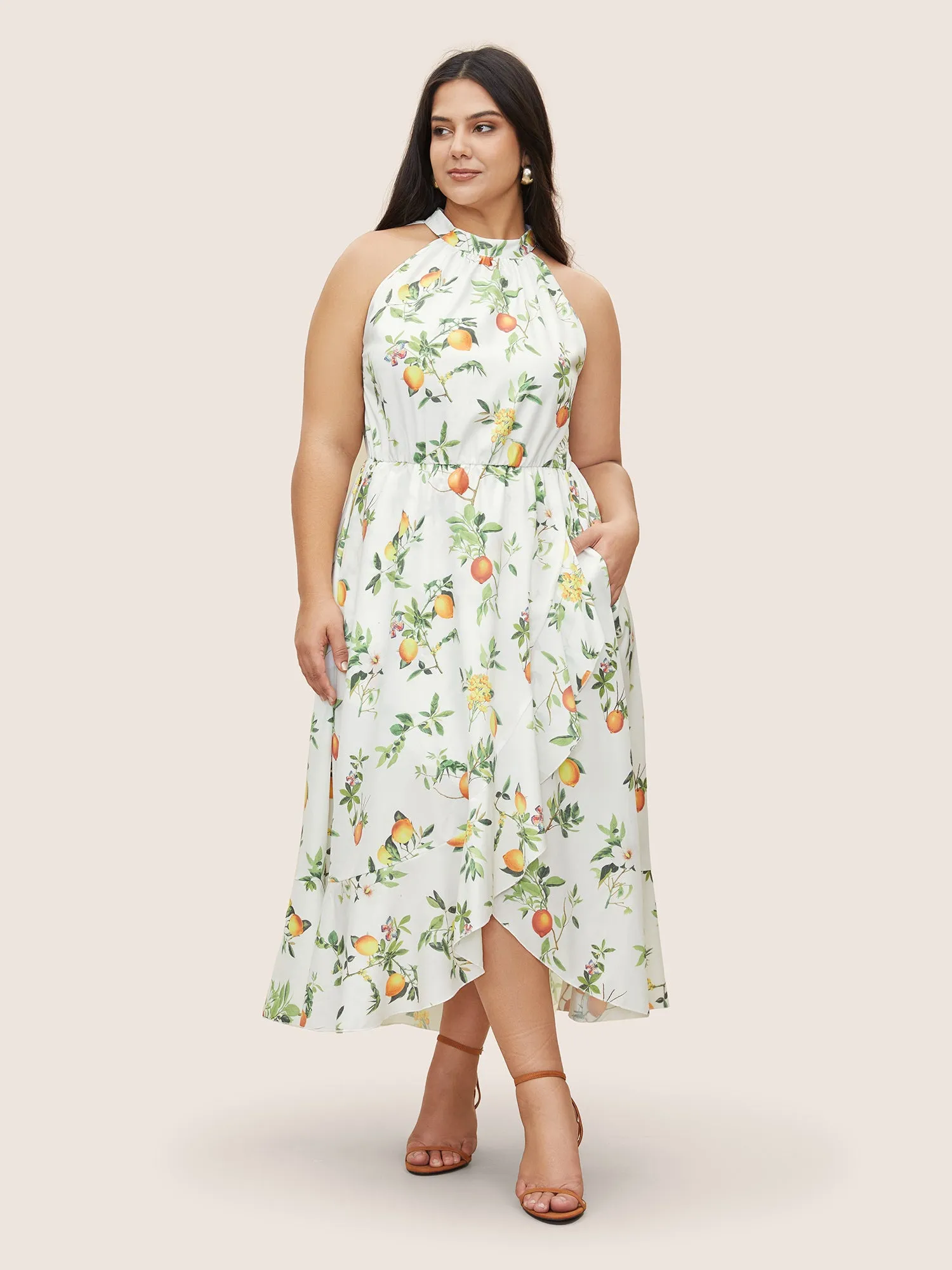 Citrus Lemon Print Elastic Waist Halter Neck Dress sold by Bloomchic product image thumbnail 2