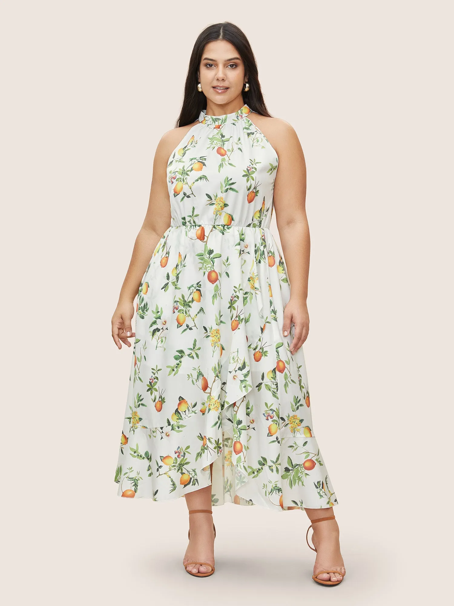 Citrus Lemon Print Elastic Waist Halter Neck Dress sold by Bloomchic
