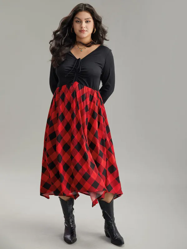 Plaid Ruched Drawstring Asymmetrical Hem Dress sold by Bloomchic