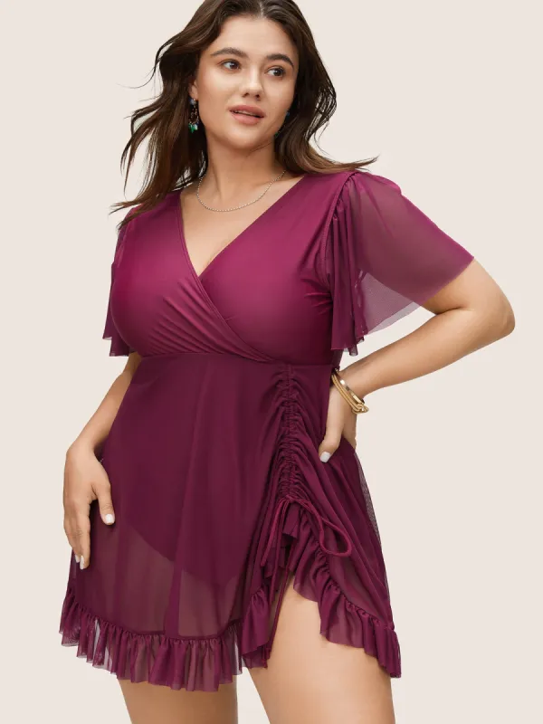 Plain Drawstring Gathered Flutter Hem Swim Dress sold by Bloomchic