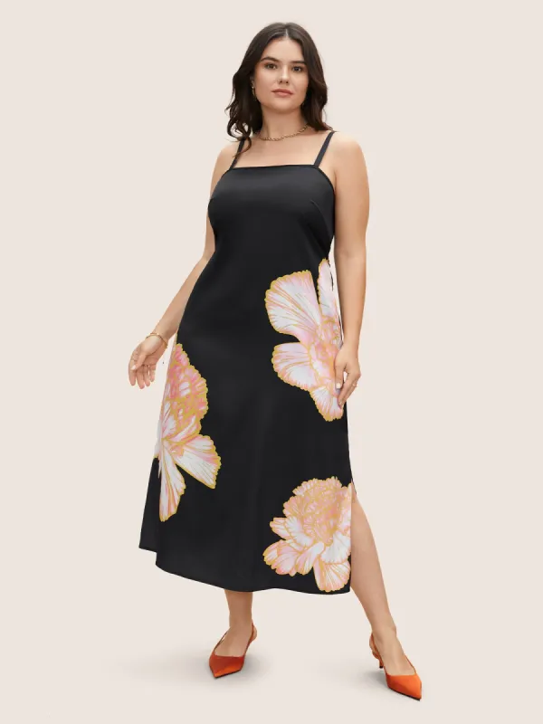 Square Neck Carnation Print Split Hem Dress sold by Bloomchic