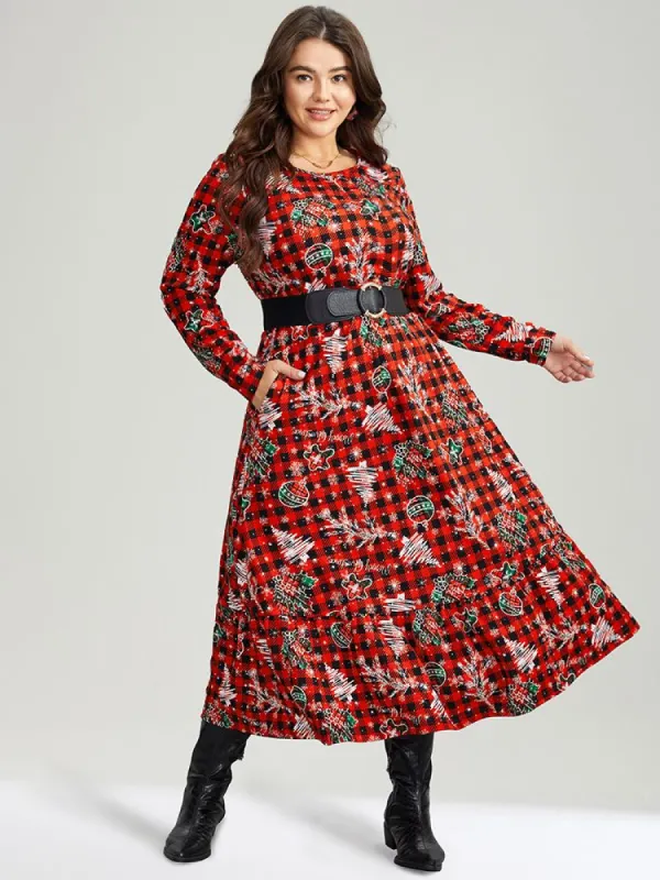 Gingham Crew Neck Pocket Elastic Waist Dress sold by Bloomchic