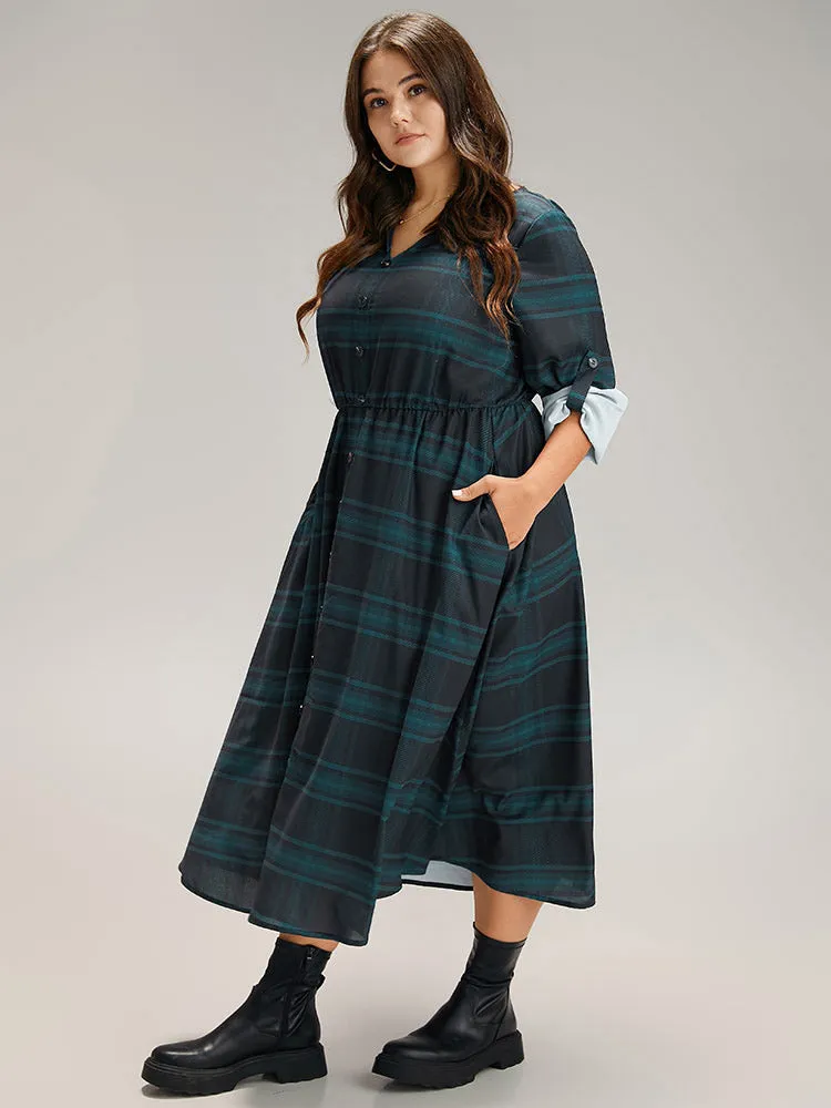 Plaid Button Detail Notched Tab Sleeve Dress sold by Bloomchic product image thumbnail 2