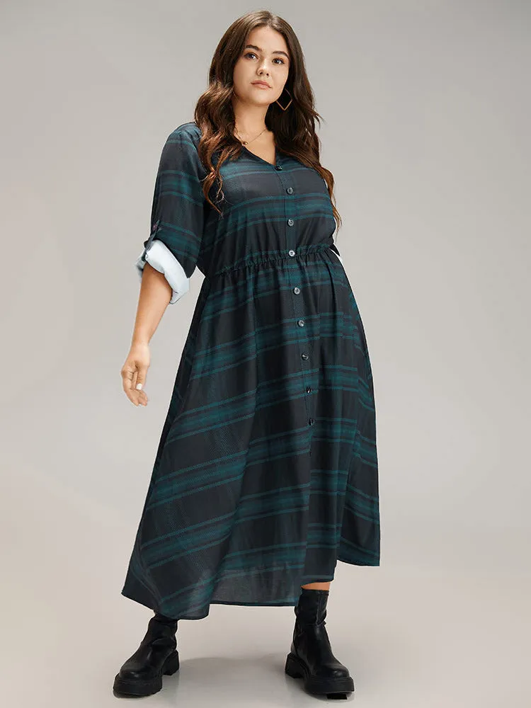 Plaid Button Detail Notched Tab Sleeve Dress sold by Bloomchic product image thumbnail 3