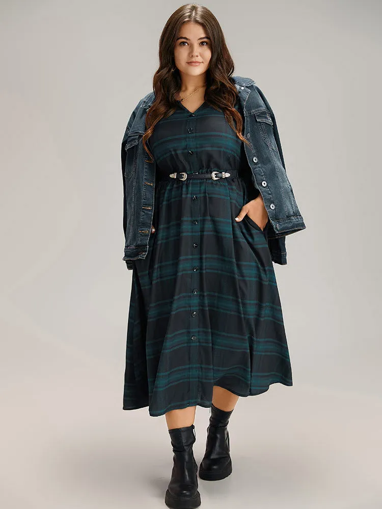 Plaid Button Detail Notched Tab Sleeve Dress sold by Bloomchic product image thumbnail 4