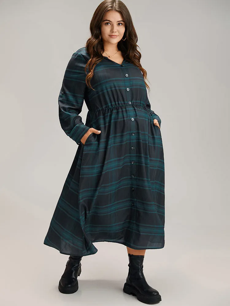 Plaid Button Detail Notched Tab Sleeve Dress sold by Bloomchic