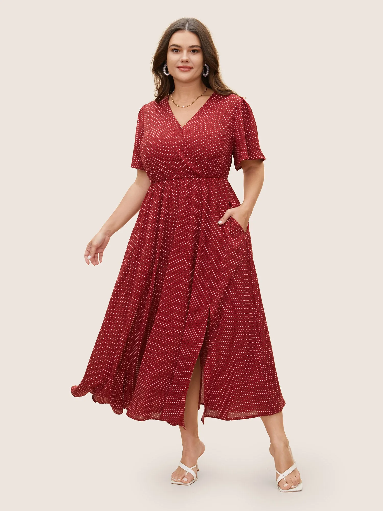 Polka Dot Overlap Collar Split Hem Dress sold by Bloomchic product image thumbnail 2