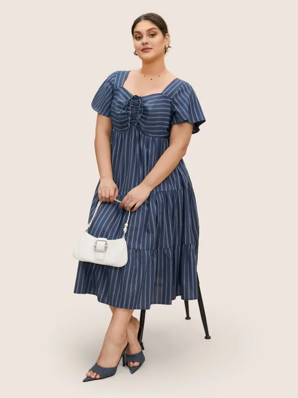Striped Drawstring Gathered Ruffle Sleeve Dress sold by Bloomchic