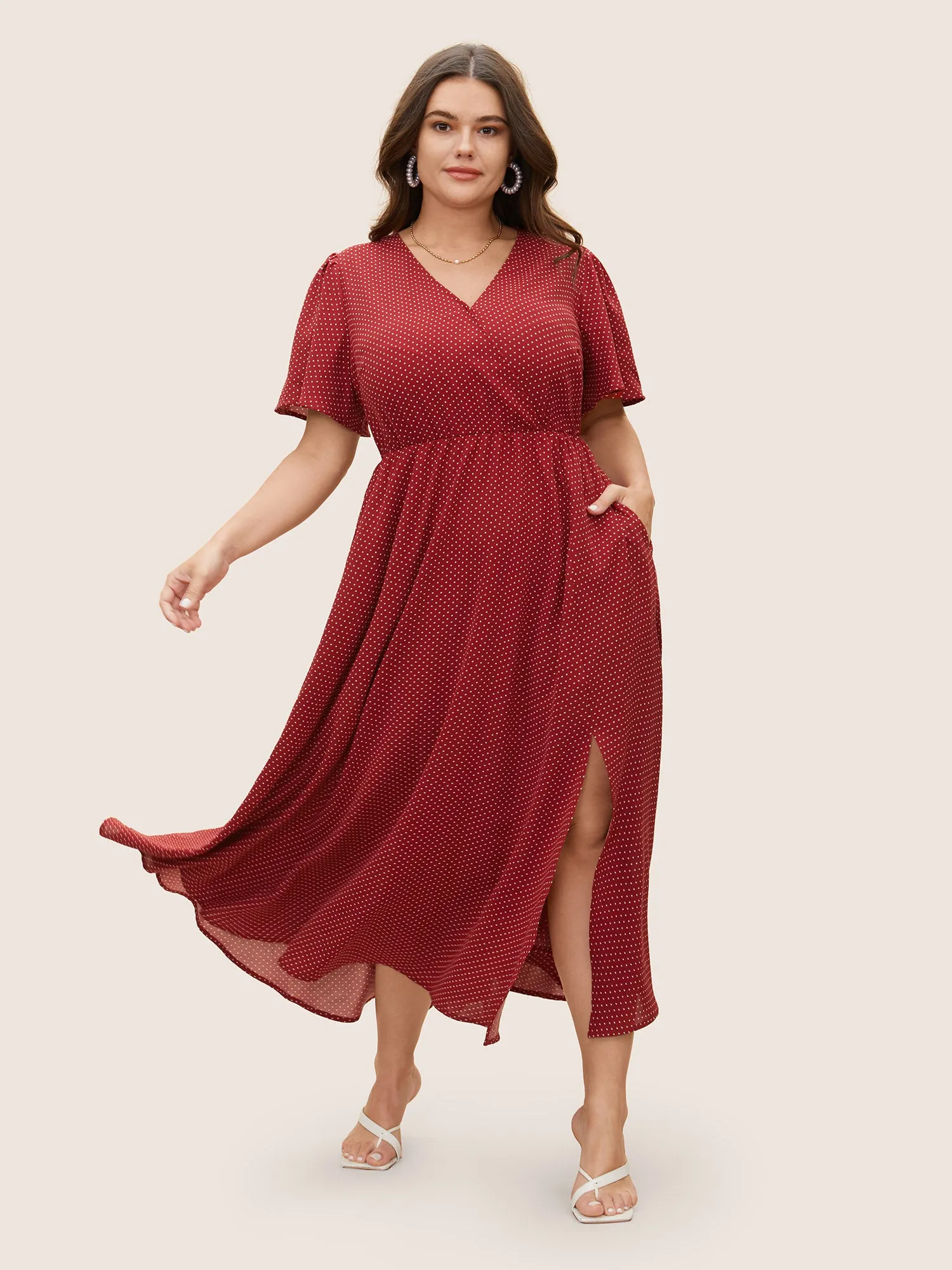 Polka Dot Overlap Collar Split Hem Dress sold by Bloomchic