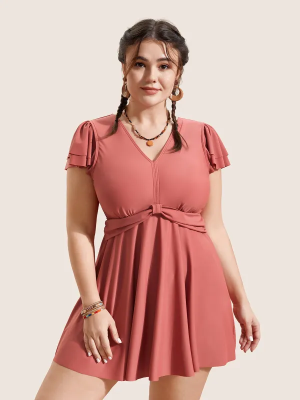 Solid Gathered Tiered Ruffle Sleeve Swim Dress sold by Bloomchic