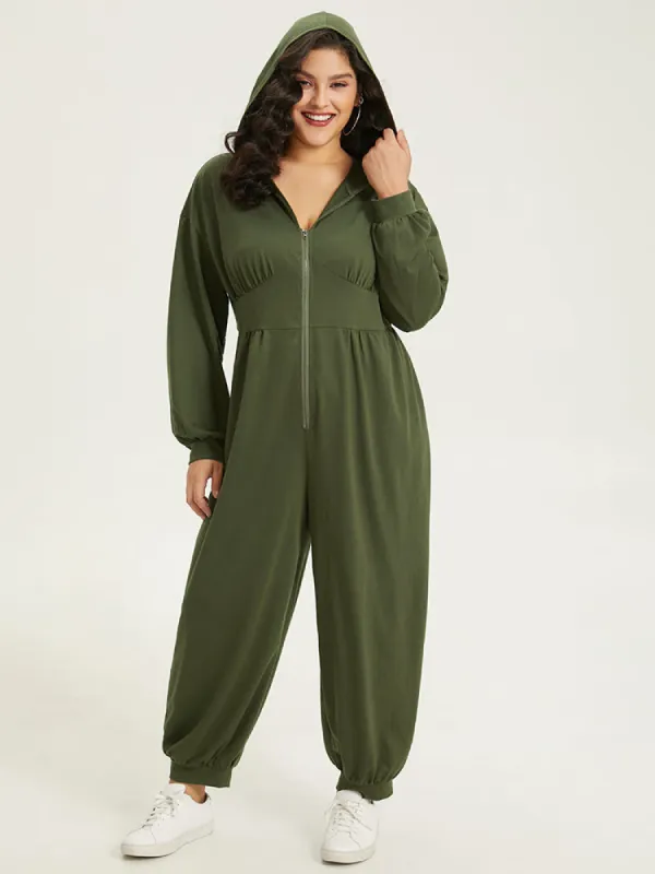 Solid Half Zip Hooded Gathered Jumpsuit sold by Bloomchic