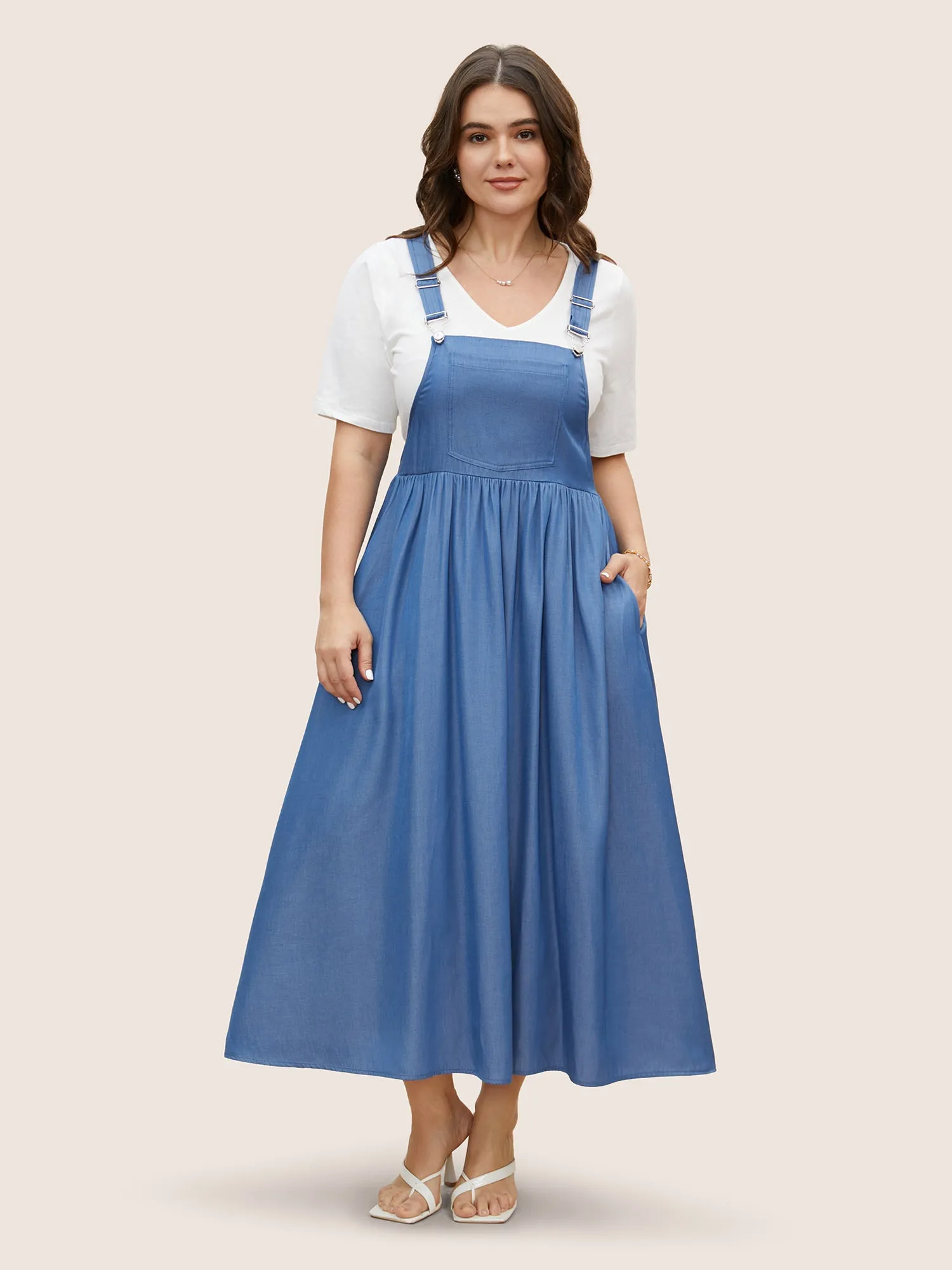 Denim Effect Prin Gathered Patched Pocket Dress sold by Bloomchic