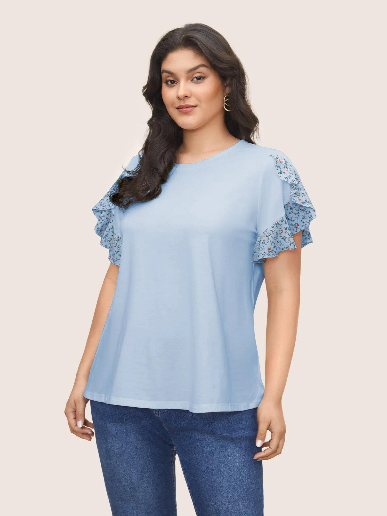Ditsy Floral Patchwork Petal Sleeve T-shirt sold by Bloomchic