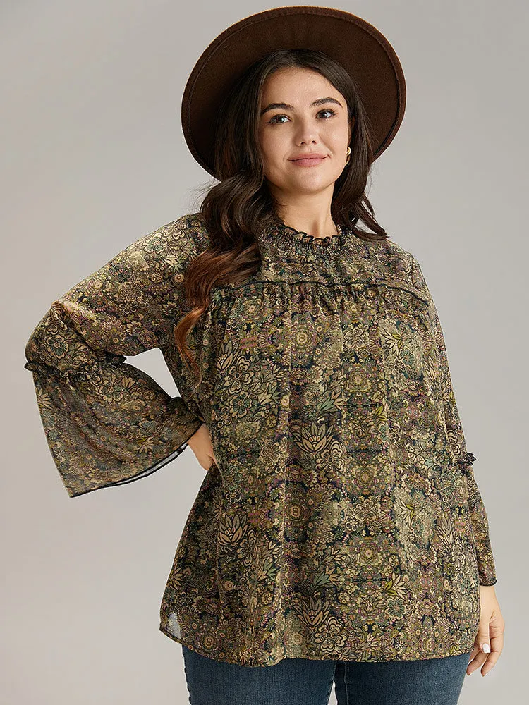 Bandana Print Mesh Frill Trim Blouse sold by Bloomchic