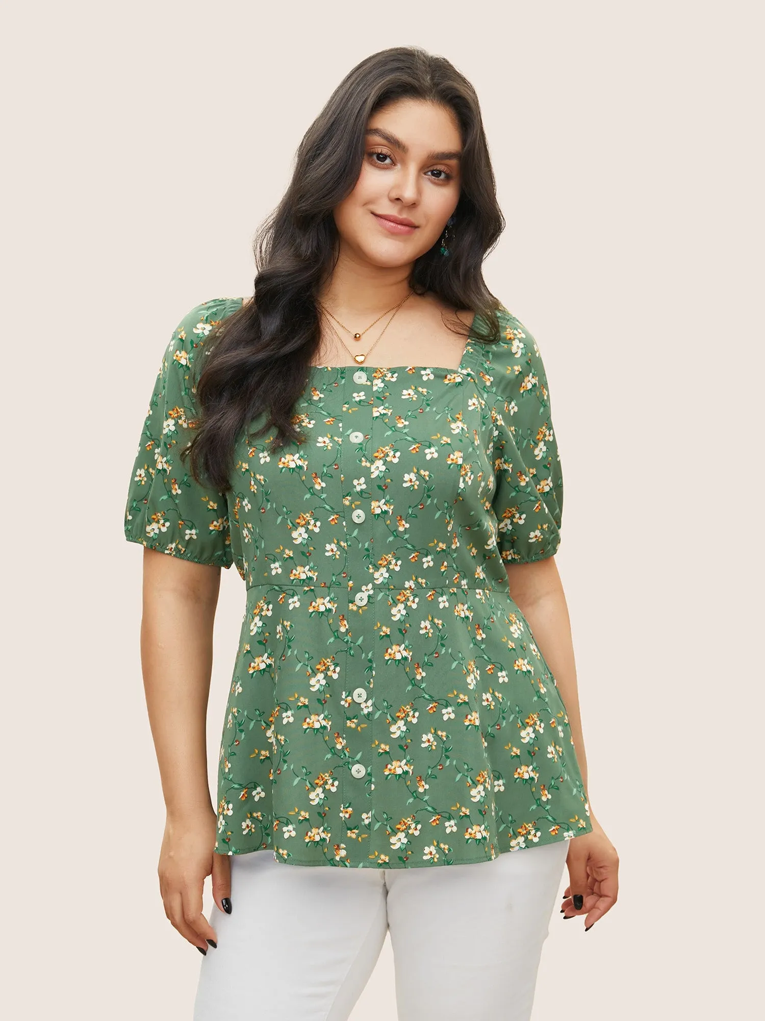 Square Neck Ditsy Floral Gathered Blouse sold by Bloomchic