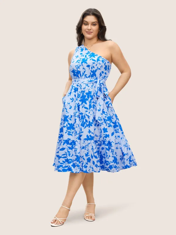 Silhouette Floral Print One Shoulder Belted Dress sold by Bloomchic