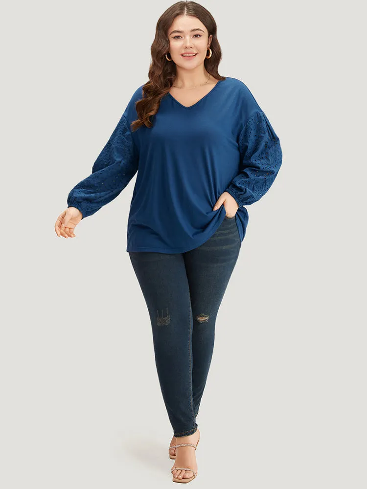 V Neck Broderie Anglaise Patchwork Lantern Sleeve T-shirt sold by Bloomchic product image thumbnail 5