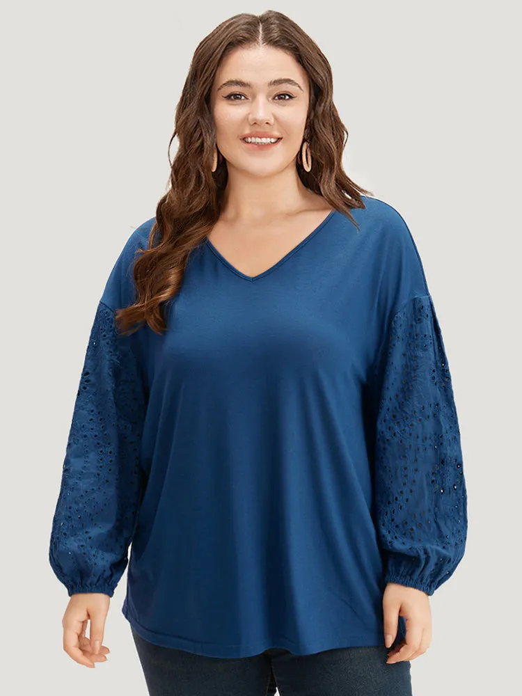 V Neck Broderie Anglaise Patchwork Lantern Sleeve T-shirt sold by Bloomchic product image thumbnail 3