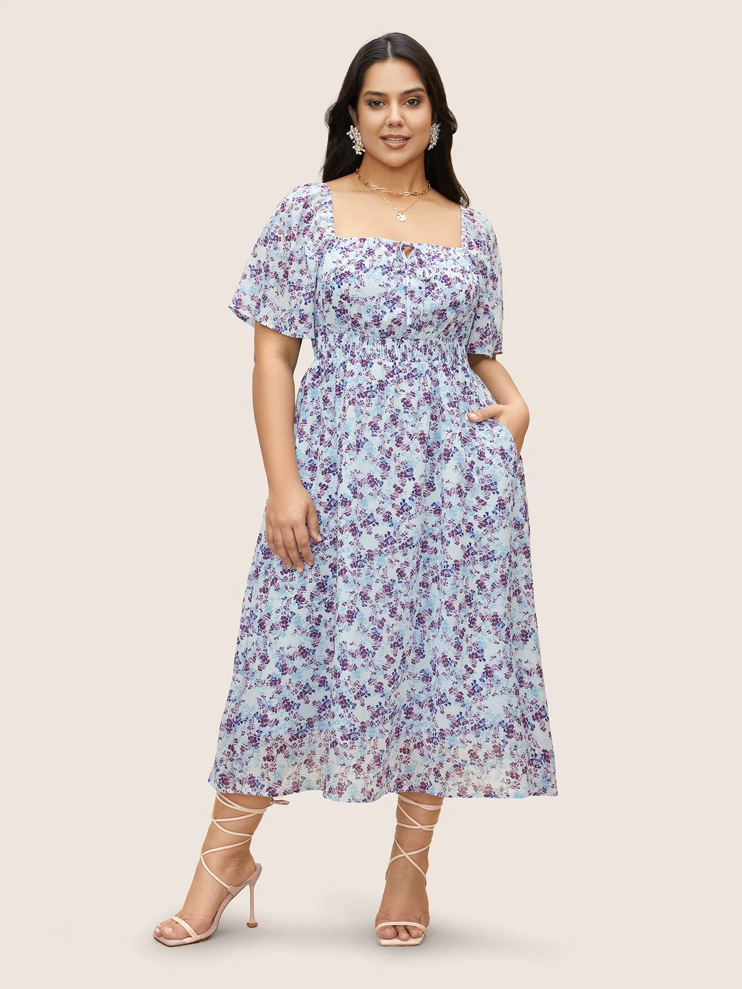 Chiffon Ditsy Floral Tie Knot Raglan Sleeve Dress sold by Bloomchic product image thumbnail 3