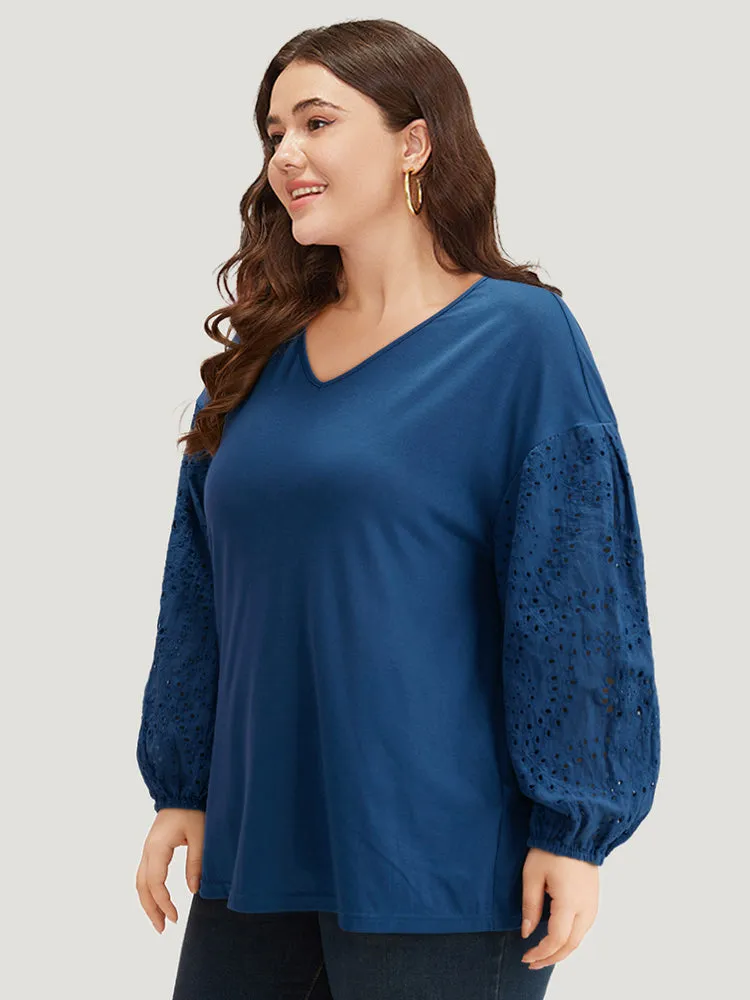 V Neck Broderie Anglaise Patchwork Lantern Sleeve T-shirt sold by Bloomchic product image thumbnail 4