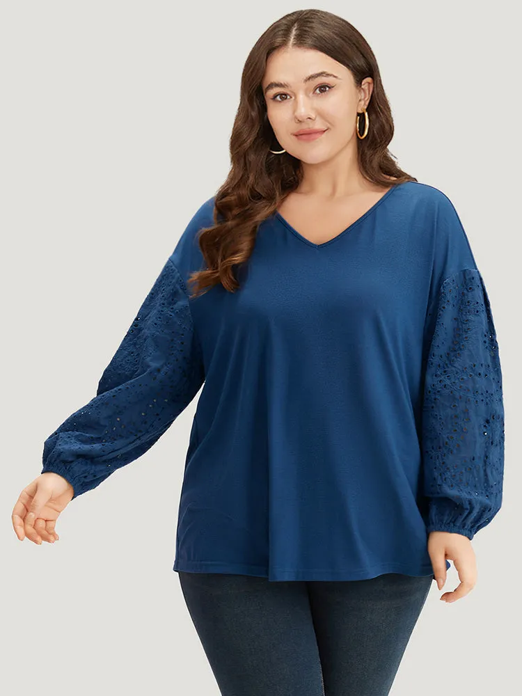 V Neck Broderie Anglaise Patchwork Lantern Sleeve T-shirt sold by Bloomchic