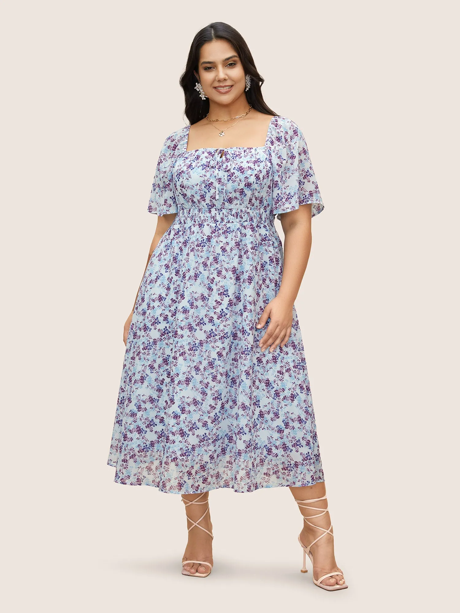 Chiffon Ditsy Floral Tie Knot Raglan Sleeve Dress sold by Bloomchic