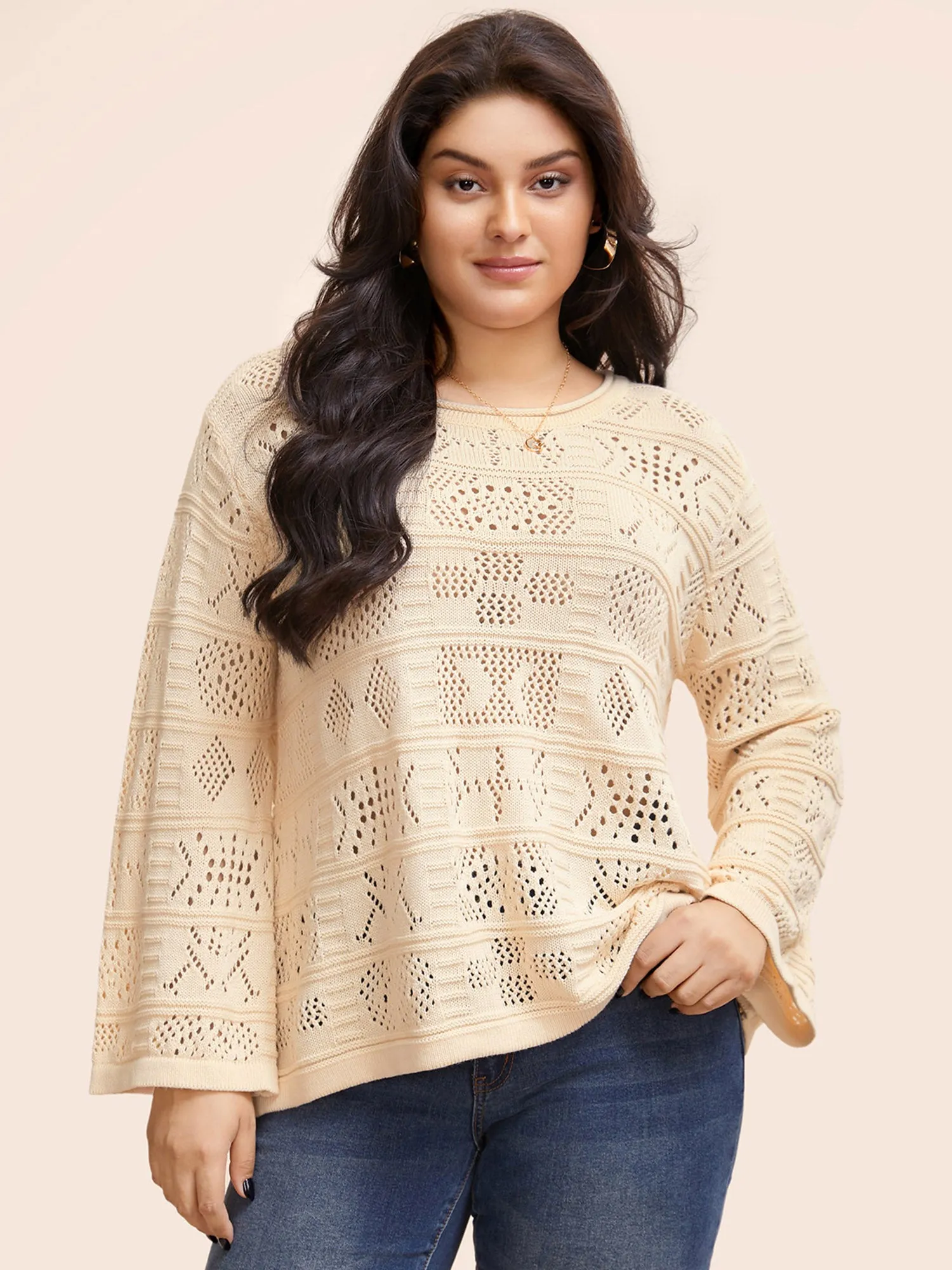 Cotton Texture Cut Out Bell Sleeve Pullover sold by Bloomchic