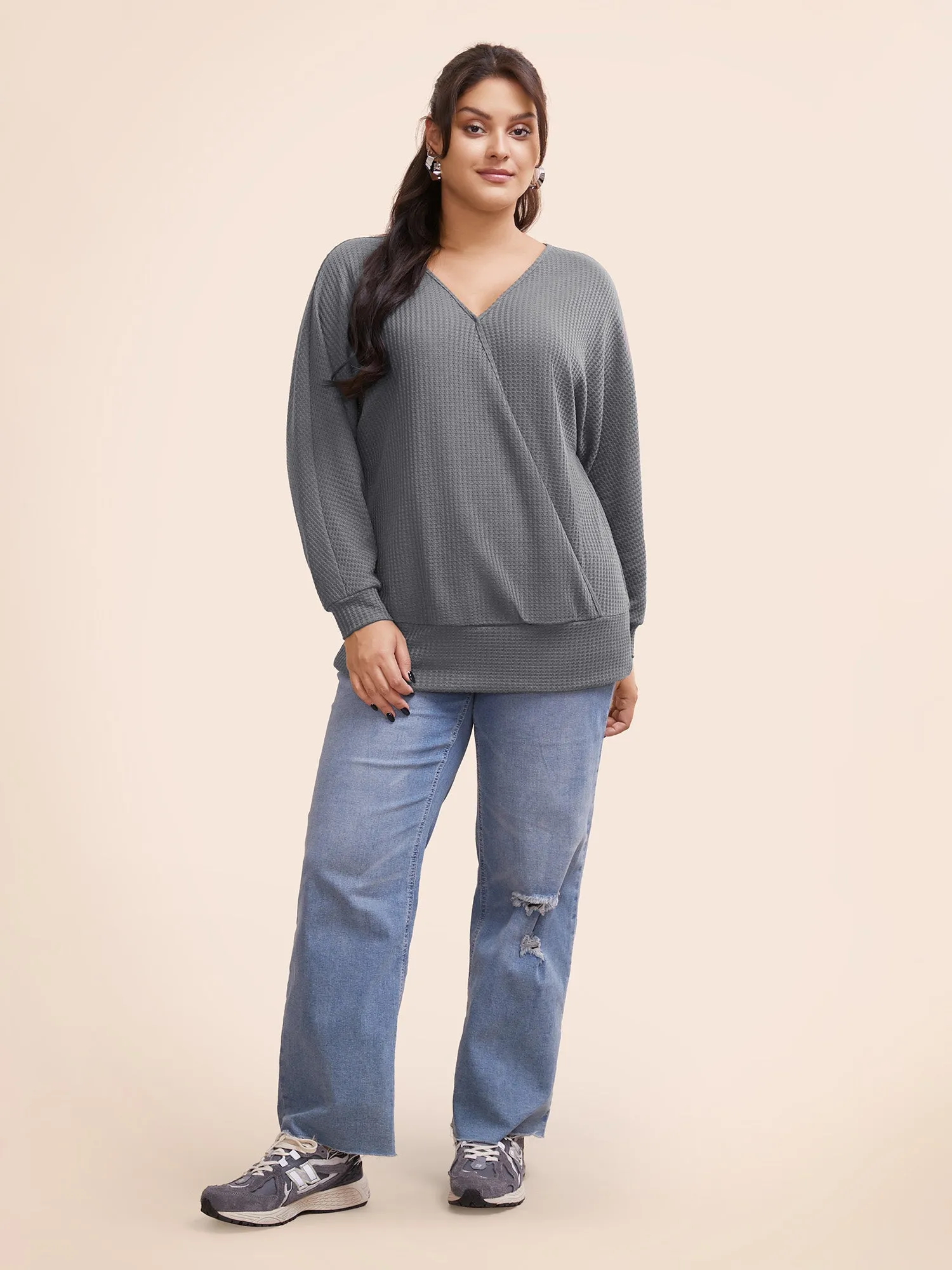 Solid Waffle Knit Wrap Long Sleeve T-shirt sold by Bloomchic product image thumbnail 2