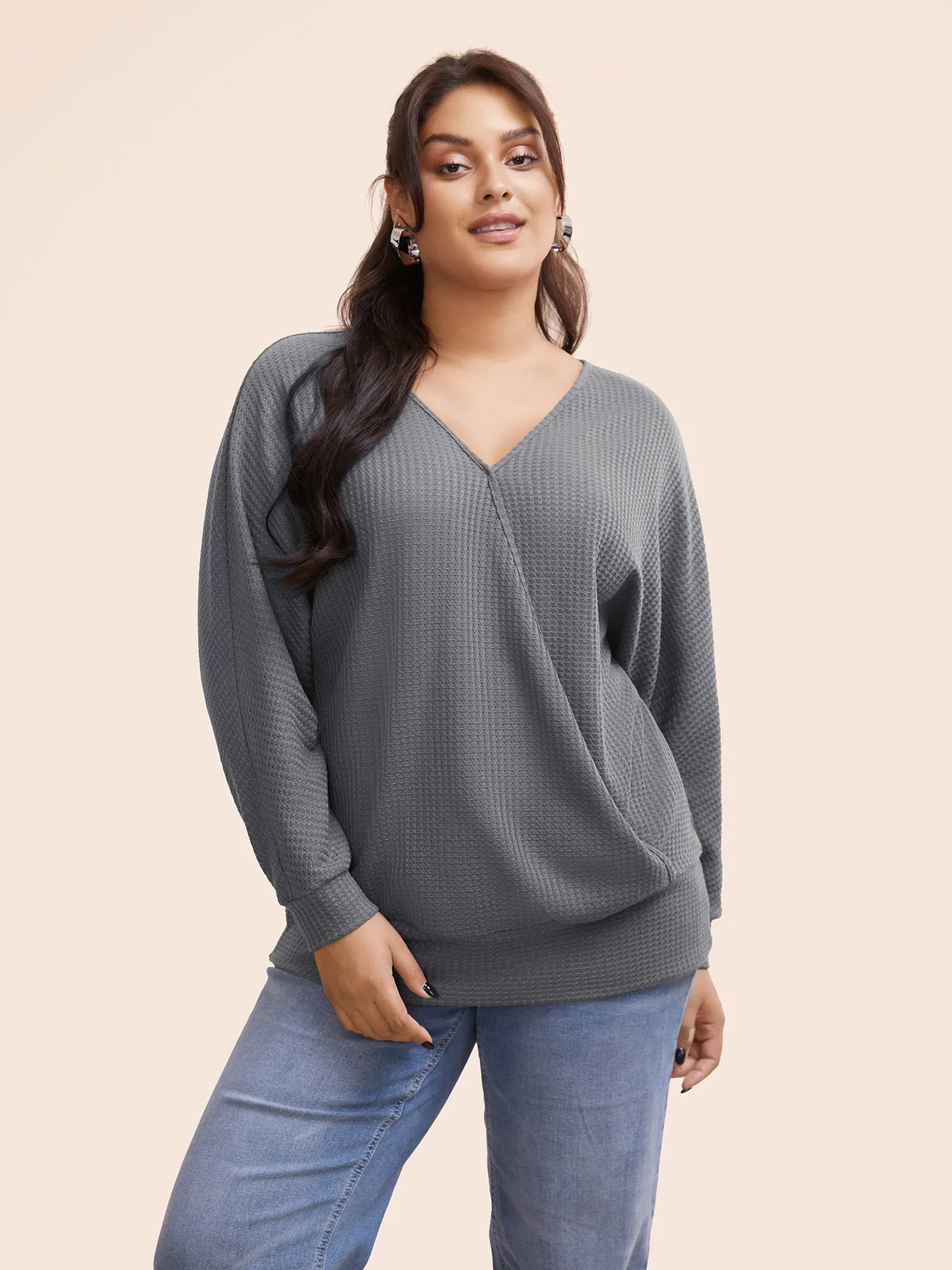 Solid Waffle Knit Wrap Long Sleeve T-shirt sold by Bloomchic