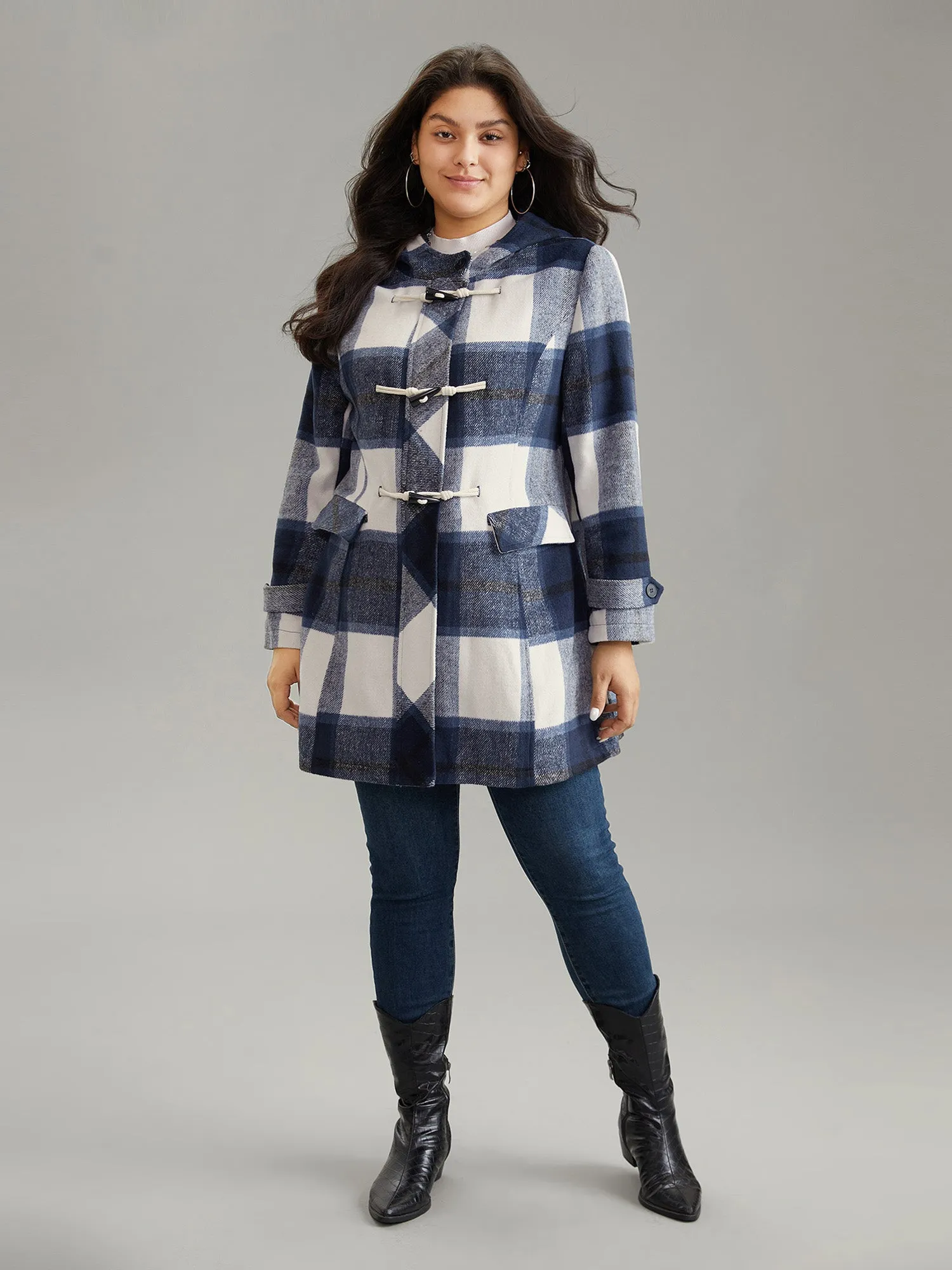 Plaid Hooded Duffle Button Zipper Coat sold by Bloomchic product image thumbnail 4